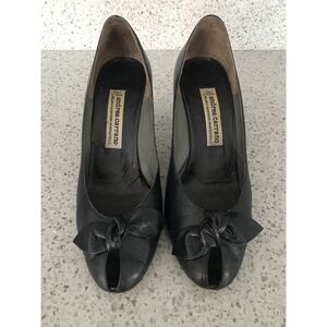 Andrea Carrano Navy Blue Open Toe Leather Bow High Heels Pumps Womens 8